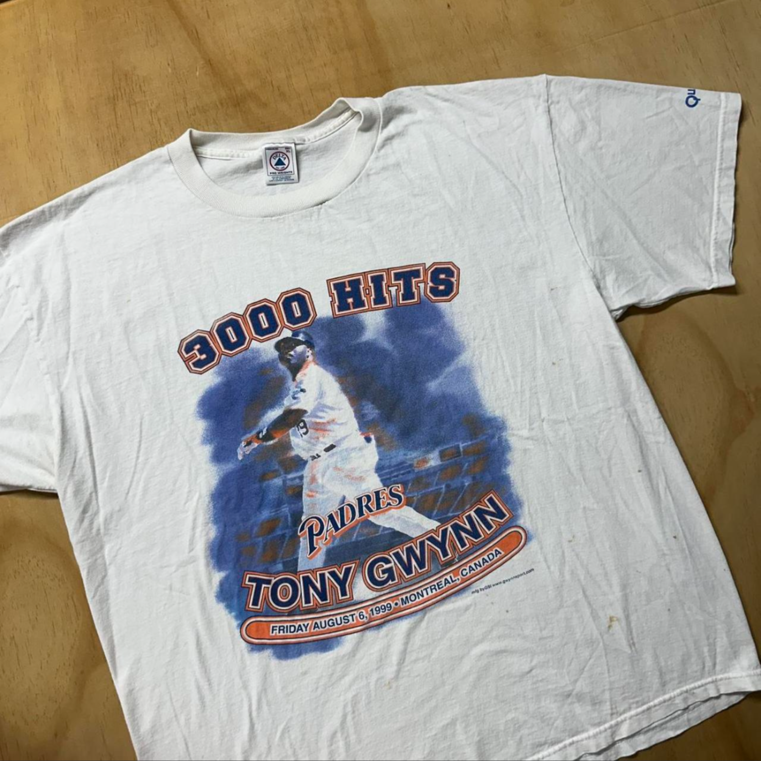 Rare 90’s Tony Gwynn 3000 Hits Friday August 6th, 1999 Montreal Canada White Delta ProWeight Graphic Tee